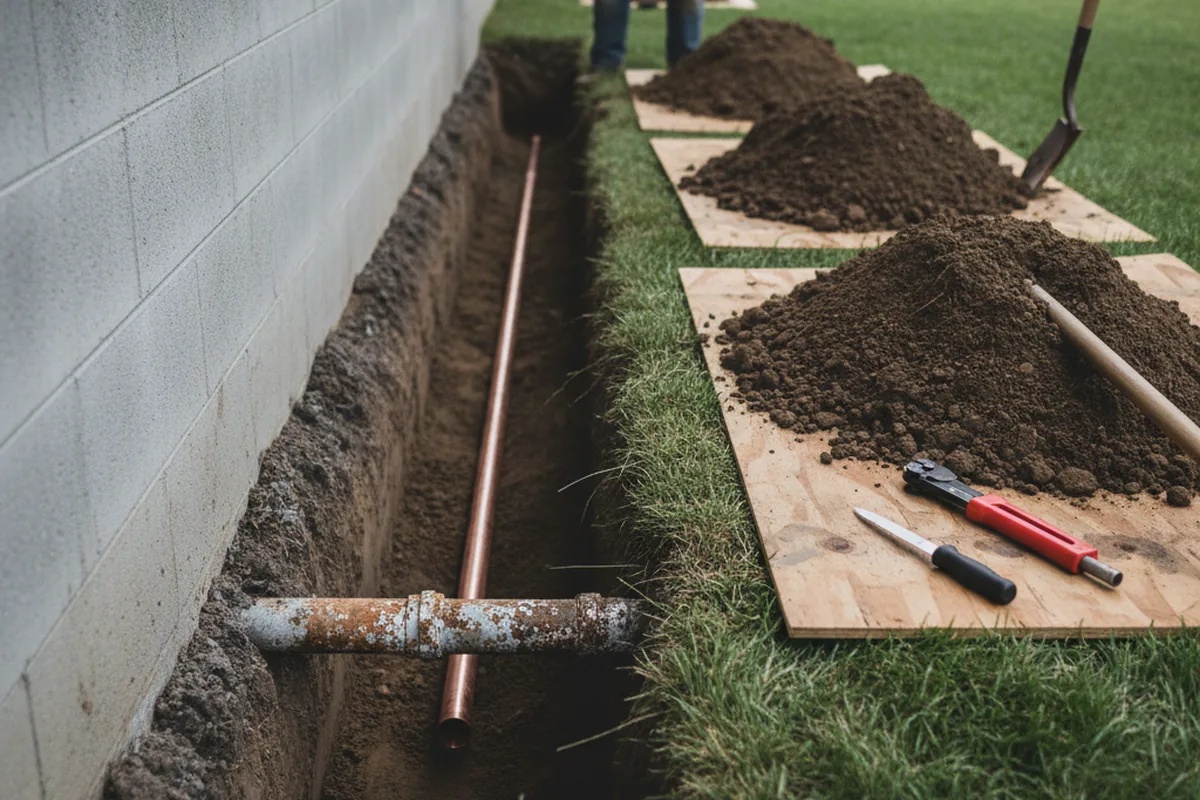 Excavated water line trench during Sewer Line Repair in Winona